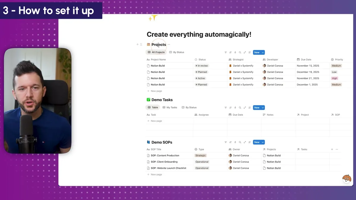 Projects database structure showing Strategist and Developer role properties with columns for Project Name, Status, Strategist, Developer, Due Date, and Priority