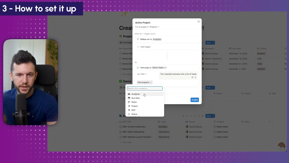 Selecting the Due Date property from the Edit property dropdown to configure dynamic due dates for automated tasks