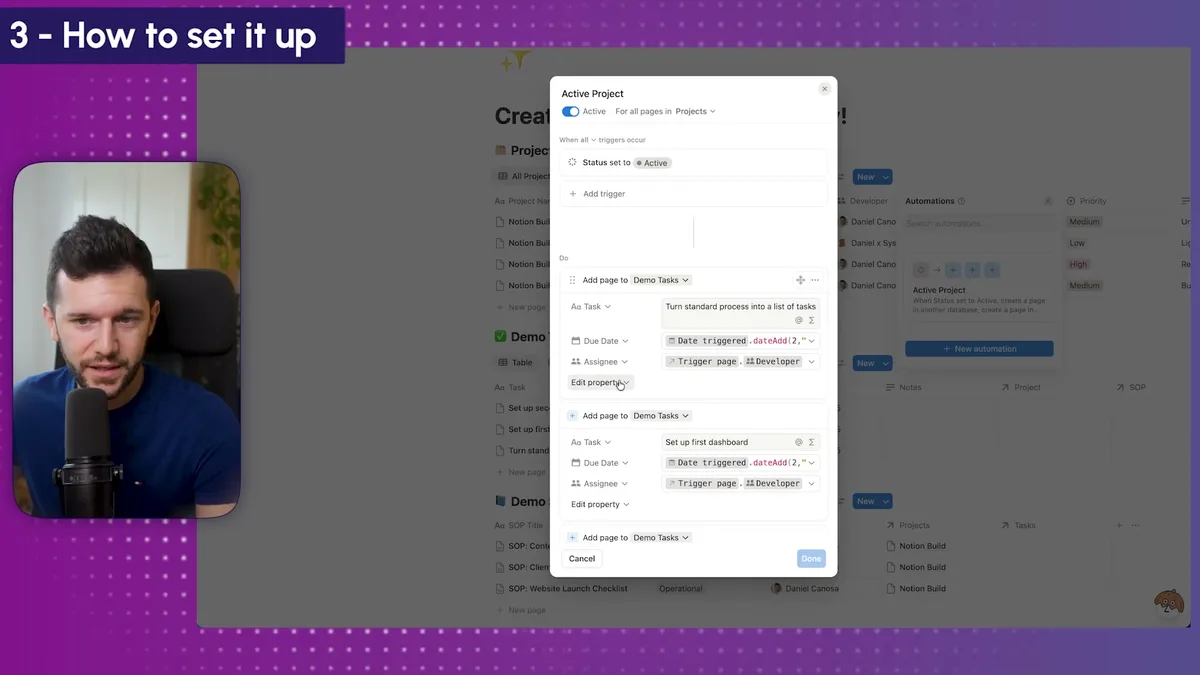 Automation setup dialog showing task creation with assignee set to 'Developer', due date configured with dateAdd(2), and multiple task rows demonstrating how to configure automatic task creation with correct parameters