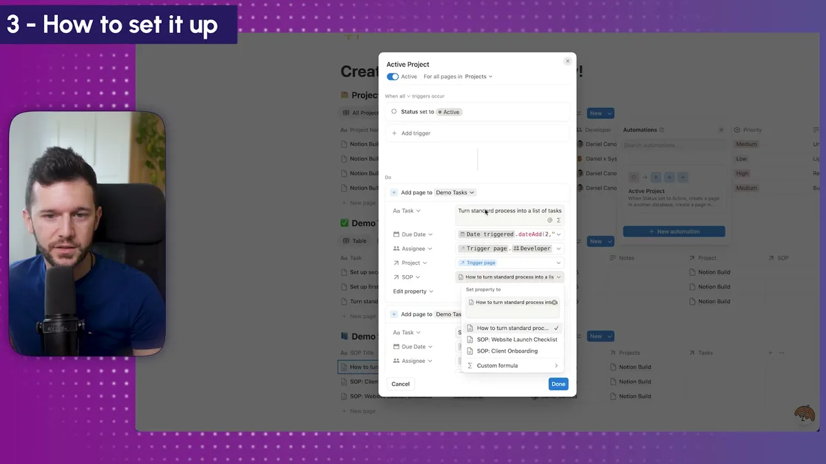 Linking tasks to SOPs in automation workflow - selecting SOP documentation from dropdown menu to connect with task automation rules