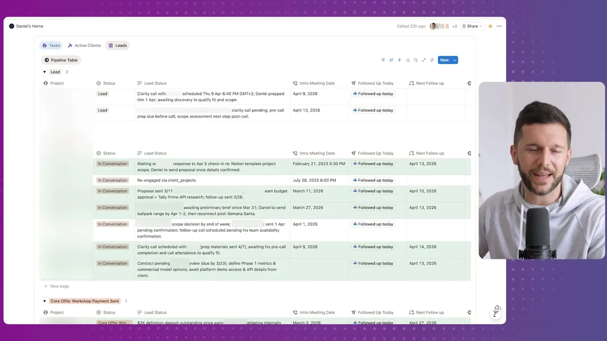 CRM Pipeline Table showing multiple client leads with statuses including proposal stages, follow-up dates, and next steps