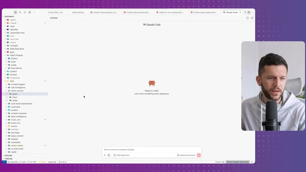 Claude Code workspace folder structure showing client communications, call intelligence, stripe payments