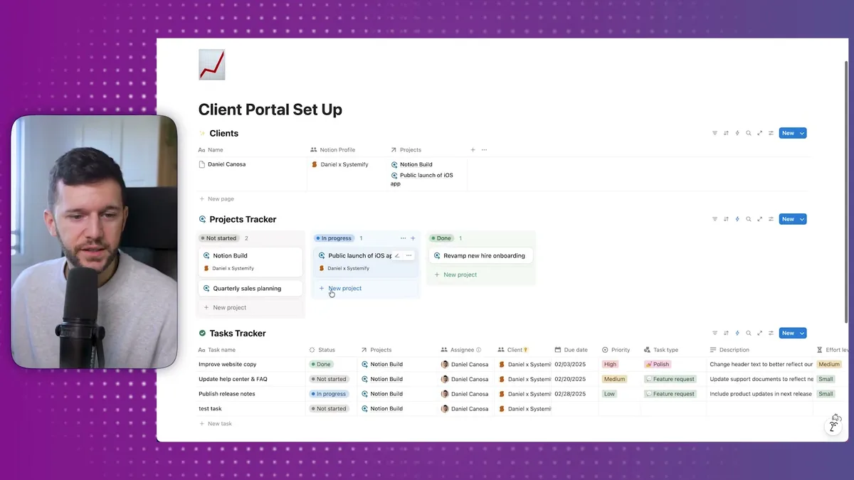 Client Portal Set Up overview showing Clients list, Projects Tracker, and Tasks Tracker sections with sample project data and task management features