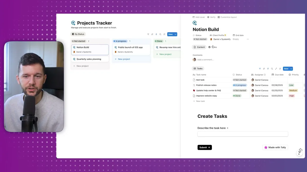 Projects Tracker database showing the Notion Build project card with Client Profile field and task management interface for automation setup