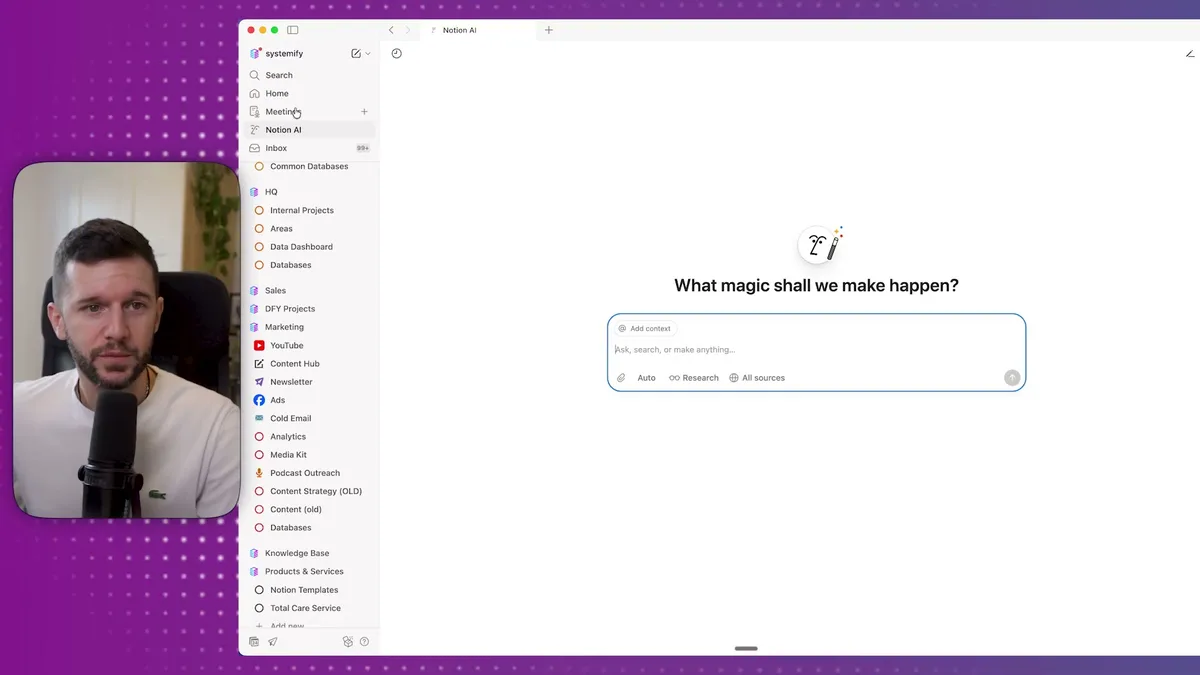 Accessing Notion AI from the sidebar menu - click 'Notion AI' in the left navigation panel to open the AI interface