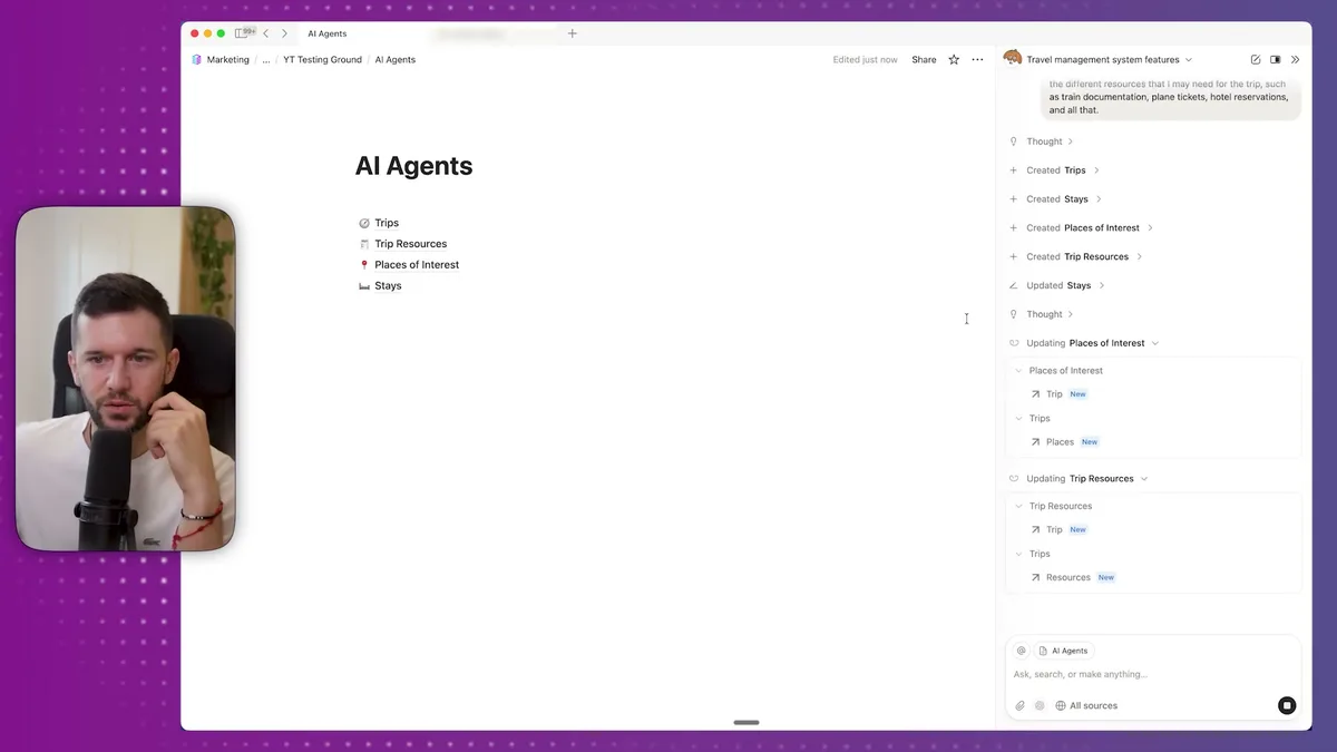 Travel management system AI Agents interface showing database structure with Trips, Stays, Places of Interest, and Trip Resources with demo data relationships