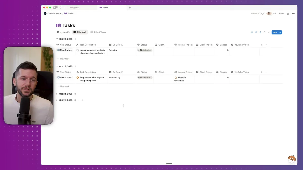 Task database interface showing overdue tasks organized by date with status updates and client assignments visible