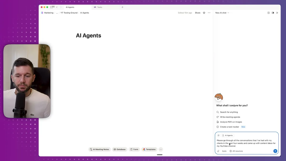 AI Agents interface showing client conversation analysis prompt for YouTube content idea generation