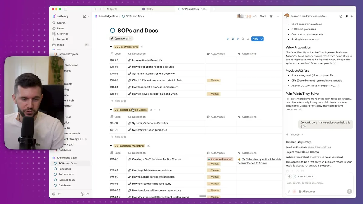 SOPs and Docs database in Systemify showing the Operational section with step-by-step procedures including 'How to create a client case study' (PM-03) under the Promotion-Marketing category