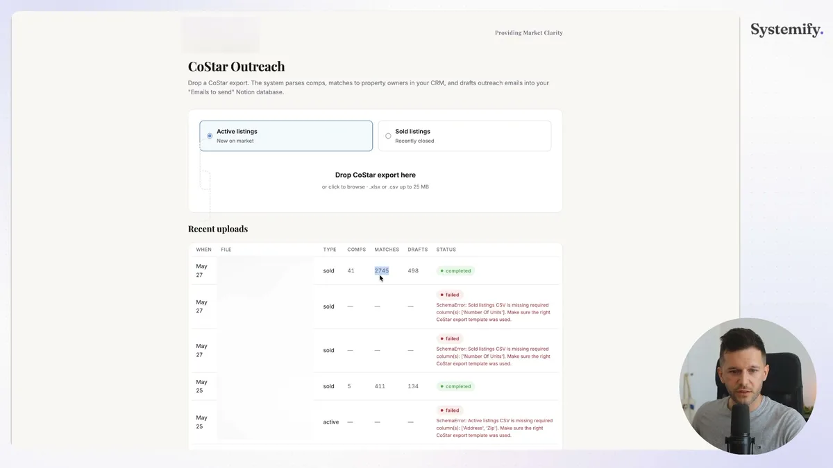 CoStar Outreach results showing 41 properties matched, 2,745 matches, and 498 drafted emails in the Recent uploads table