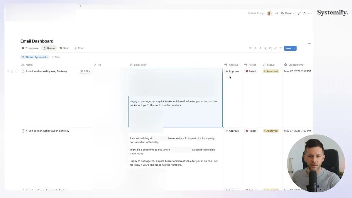 Notion Email Dashboard showing client review interface with email copy, approve/reject buttons, and status tracking for pending emails