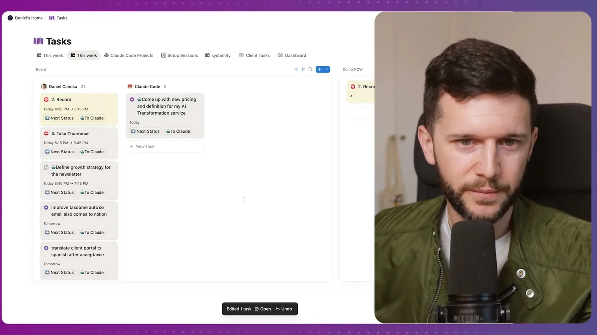 Tasks board showing multiple tasks assigned to Claude Code, with the pricing task visible in the Claude Code column