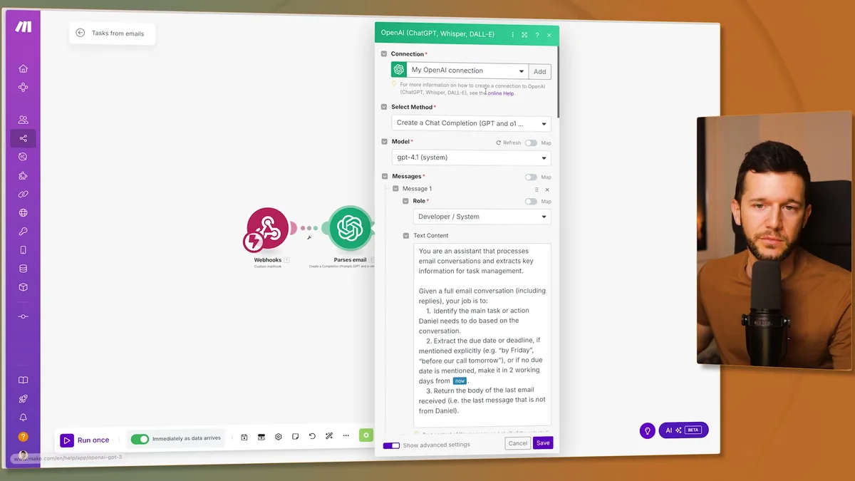 Make OpenAI ChatGPT module configuration showing Connection, Method (Create a Chat Completion), Model selection (gpt-4.1), and Messages setup with Role and Text Content fields for email task processing
