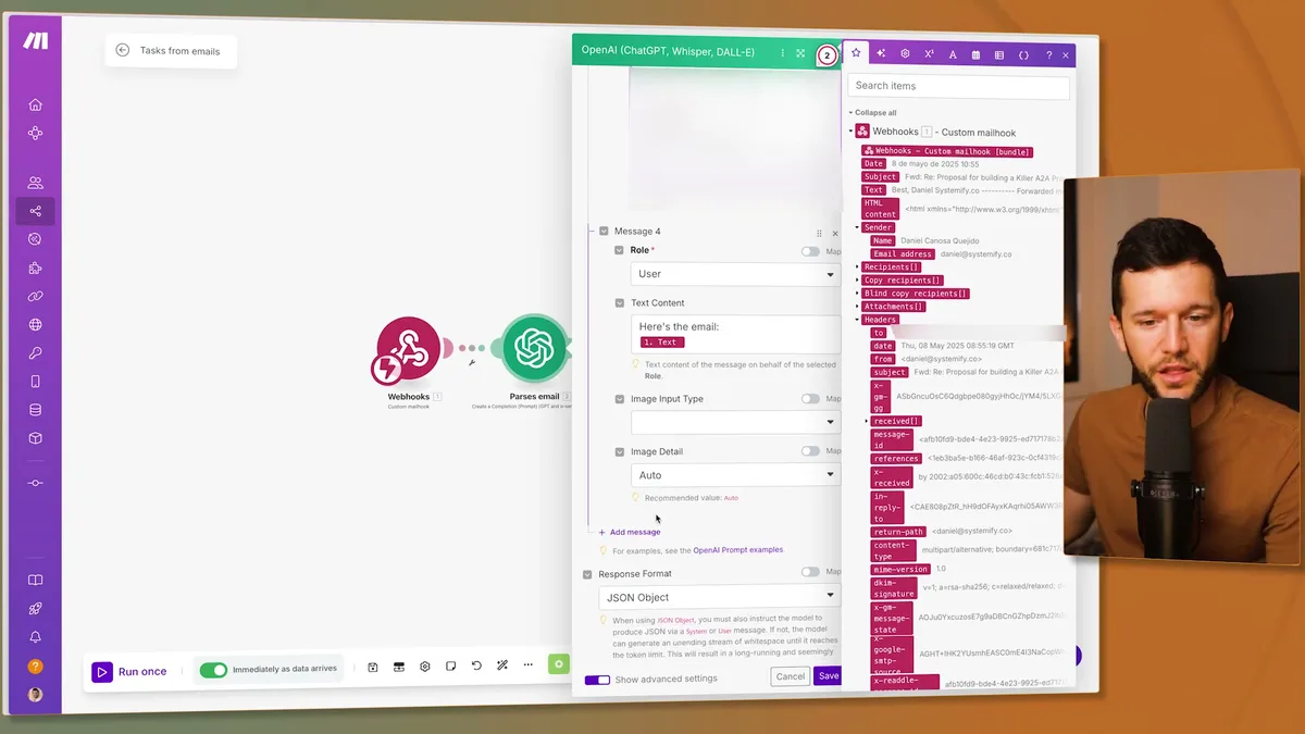 ChatGPT message configuration showing user role selection and text content setup in the OpenAI module