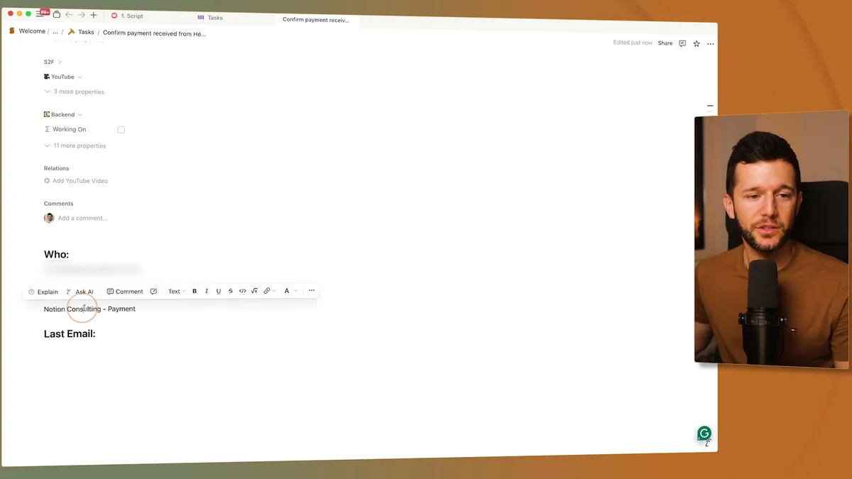 Notion database mapping configuration showing parsed JSON variables (S2F, YouTube, Backend, Working On properties) being mapped to Notion database fields for the task creation workflow
