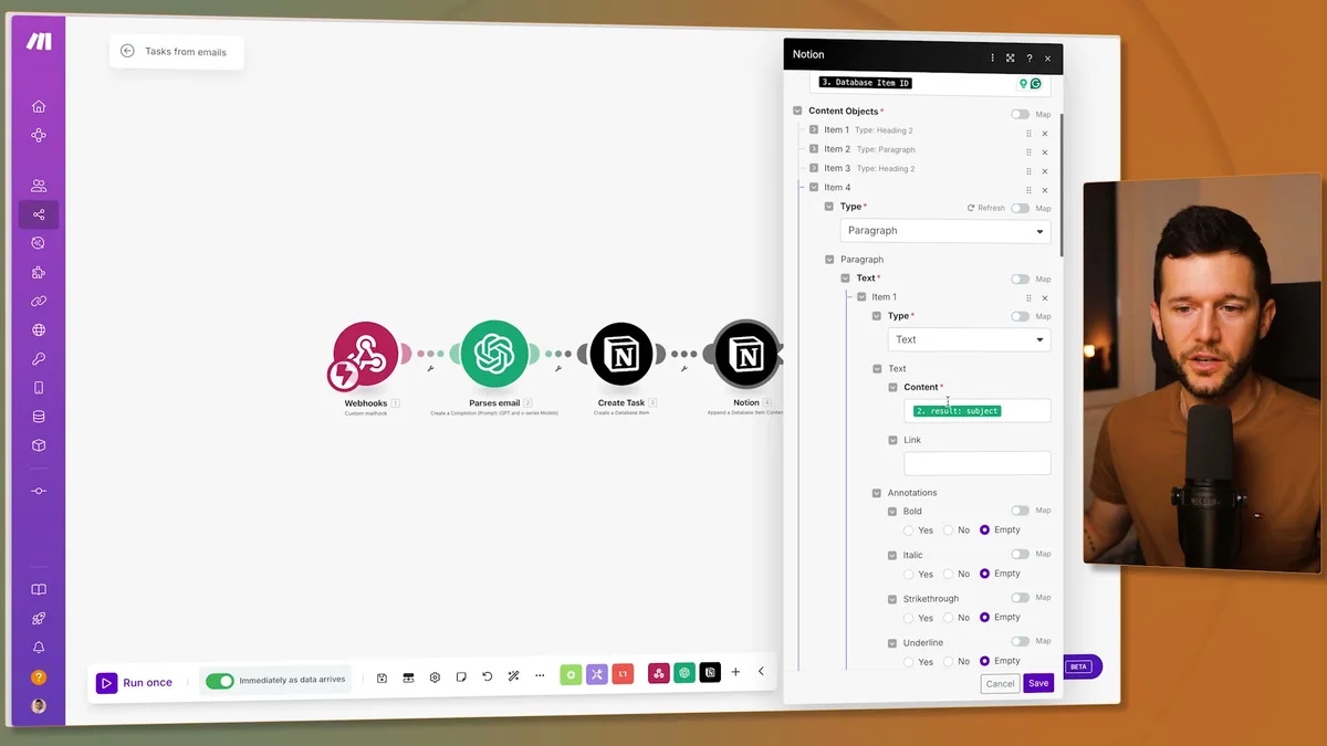 Notion database item creation interface showing field mappings with Content Objects, Type selectors (Paragraph), Text fields, and content formatting options including Annotations (Bold, Italic, Strikethrough, Underline)