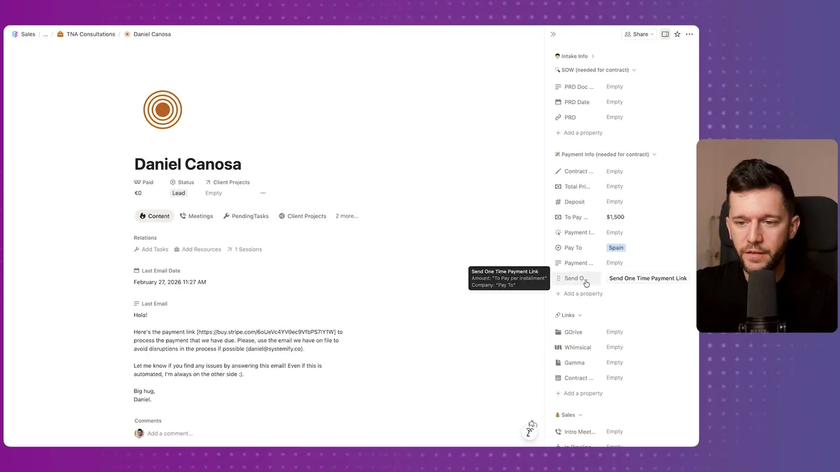 Email from Make.com automation showing the payment link sent to client Daniel Canosa with Stripe payment URL and instructions