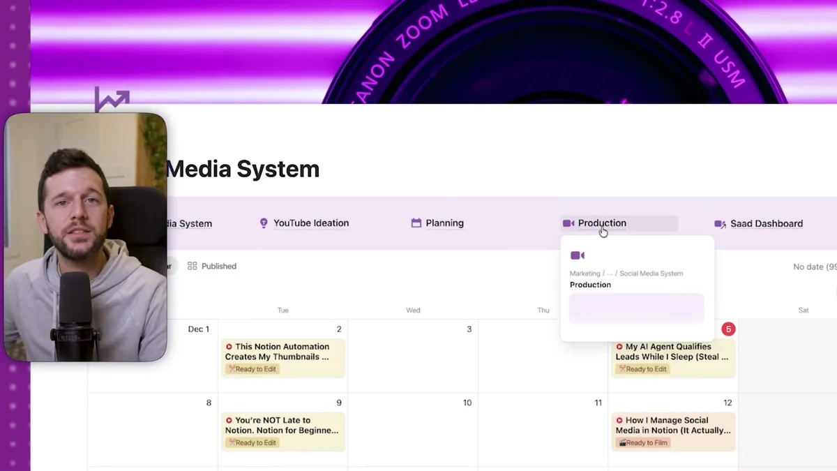 YouTube ideation page showing the Planning tab with multiple video ideas organized by status (Ready to Edit, Ready to Film) and publication calendar view