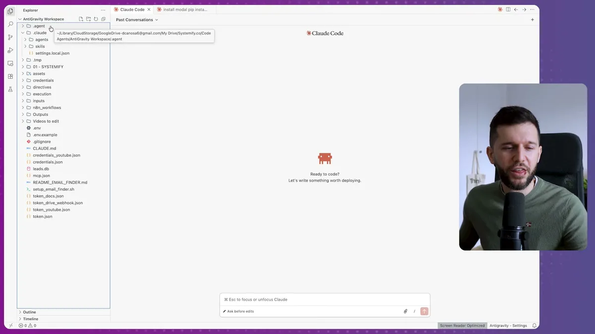 AntiGravity Workspace file structure showing project directories including agents, skills, credentials, directives, and configuration files like CLAUDE.md