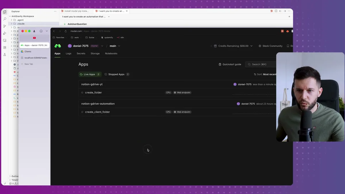 Modal deployed project dashboard showing two live automation apps: notion-gdrive-yt and notion-gdrive-automation, both running as web endpoints with CPU allocation