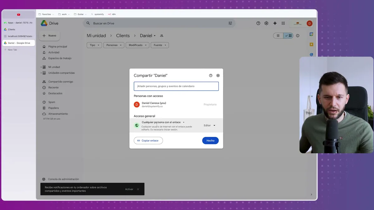 Google Drive sharing dialog for Daniel folder showing edit permissions set for everyone with 'Cualquier persona con el enlace' (Anyone with the link) access level