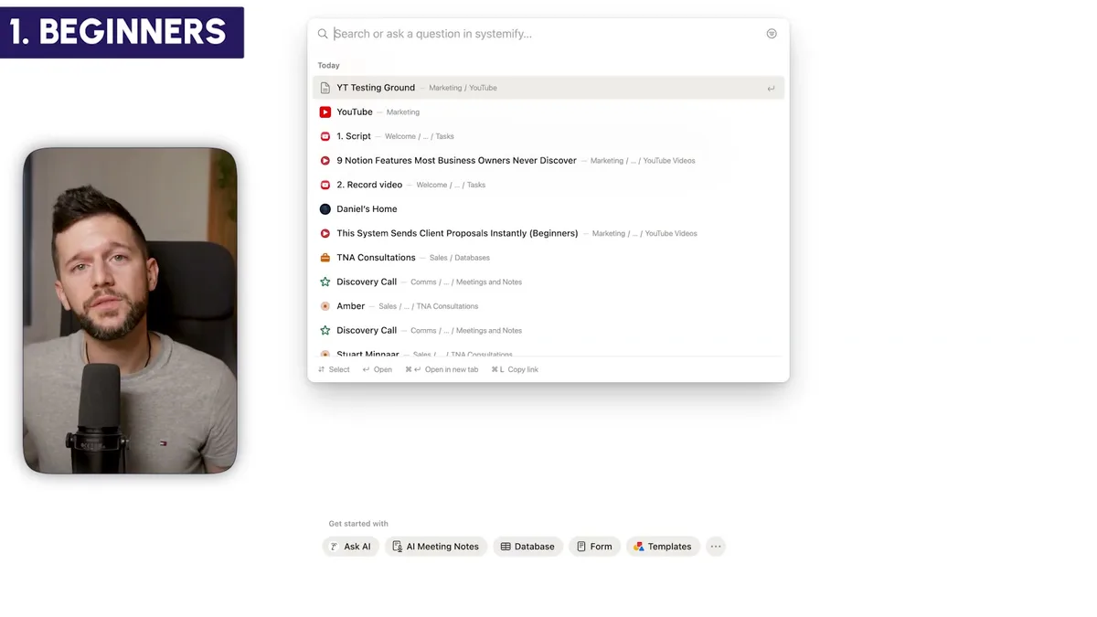 Systemify search results showing linked projects and tasks with resources and categories organized by workspace