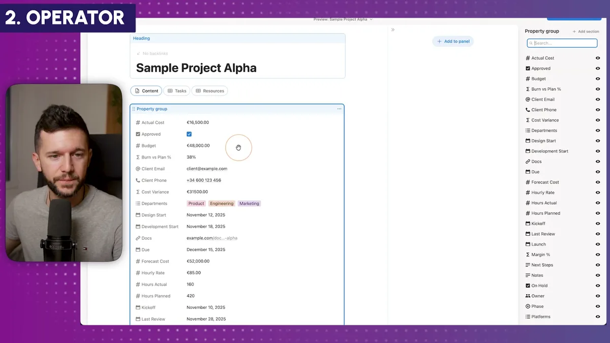 Project property group displaying linked financial data including Actual Cost (€16,500), Budget (€48,000), Burn vs Plan %, and Cost Variance (€31,500) integrated into the Sample Project Alpha database
