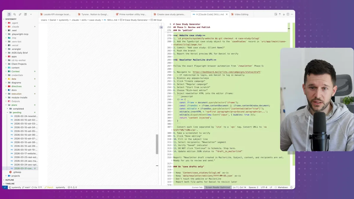 Generated skill code review showing markdown case study generation steps, TypeScript website object implementation, and newsletter MailerLite draft workflow with detailed code comments and instructions