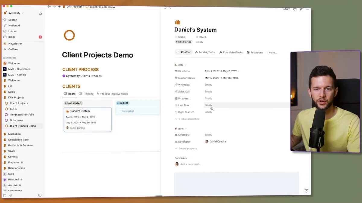 Daniel's System client project record showing development dates (April 7 - May 2, 2025), support dates (May 5 - May 30, 2025), and team assignments including Developer (Daniel Canosa)