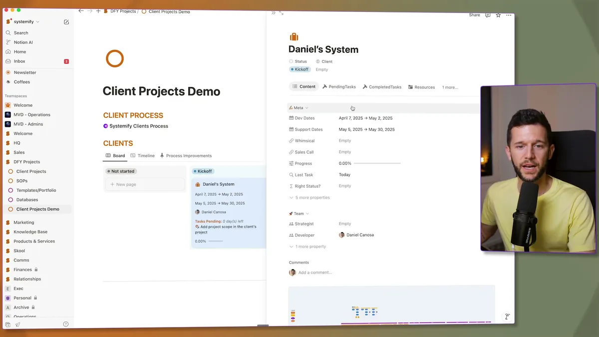 Project status automatically updated to 'Kickoff' after dragging to next stage, with pending tasks and project scope automatically created