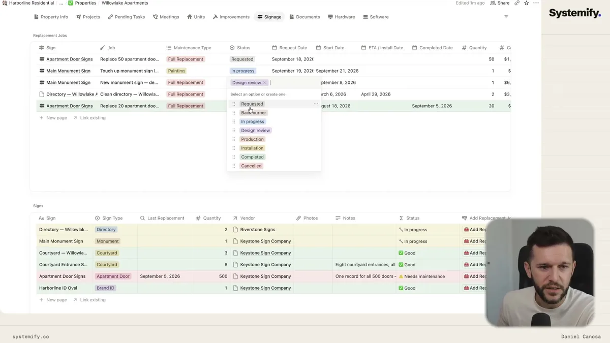 Replacement Jobs status dropdown menu showing available job status options including Requested, In progress, Design review, Production, Installation, Completed, and Cancelled