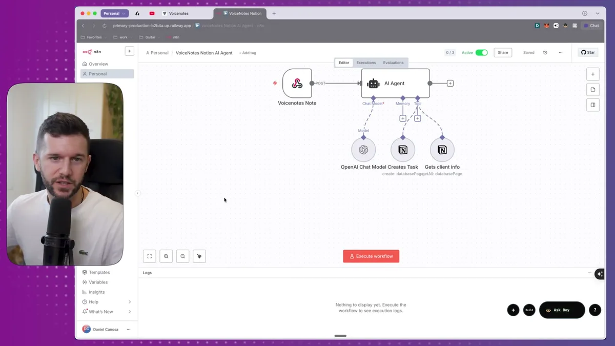 Make workflow editor showing a VoiceNotes Notion AI Agent integration with webhook POST trigger and connected AI Agent node