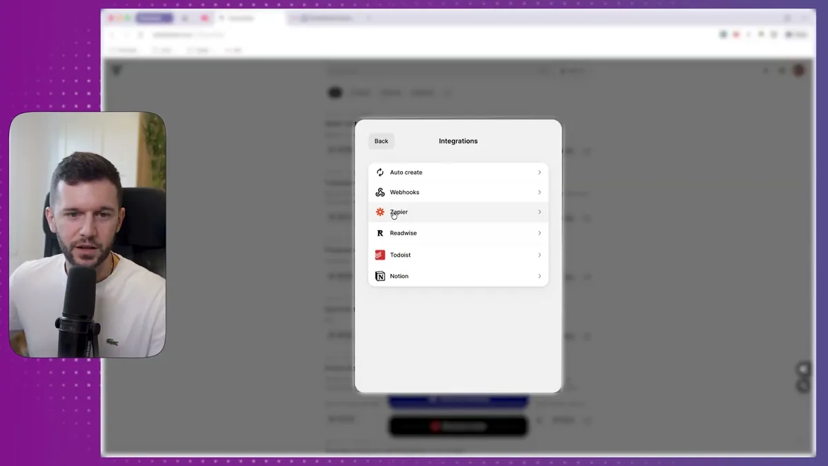 Voice Notes Integrations panel showing available integration options including Auto create, Webhooks, Zapier, Readwise, Todoist, and Notion