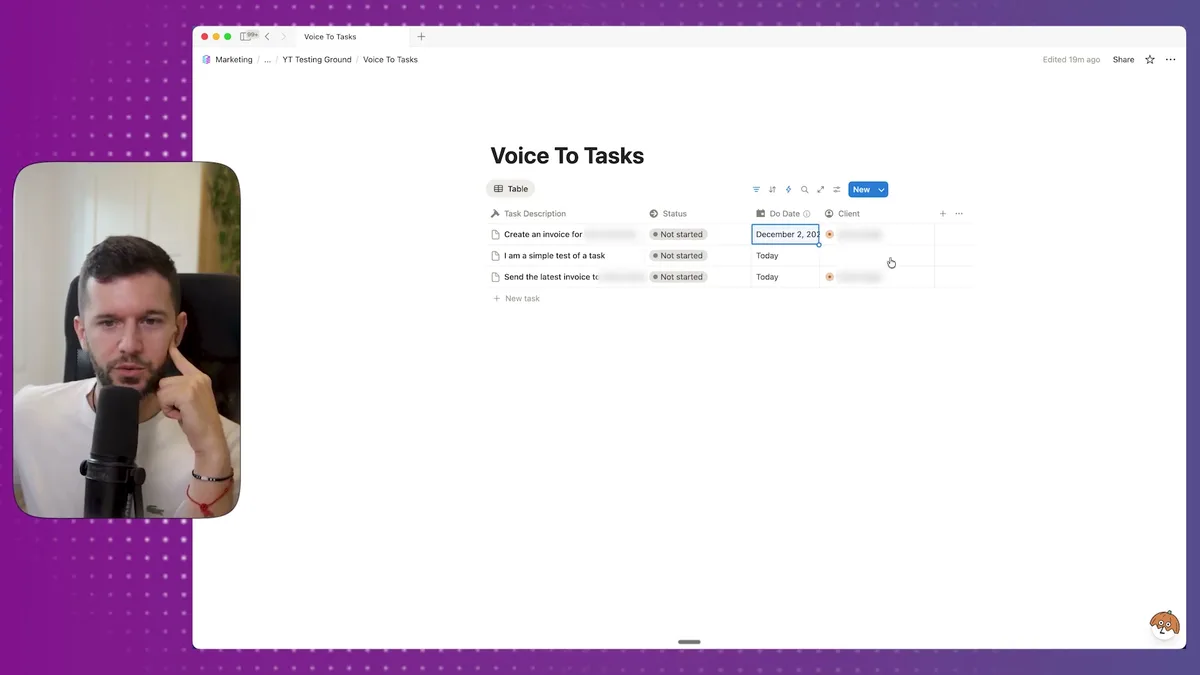 Final Notion database showing created tasks with Client field linked, displaying task descriptions, status, due dates, and client information