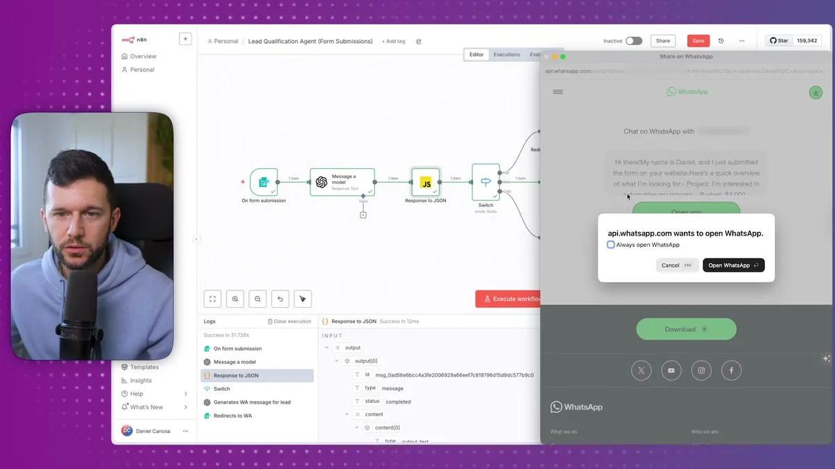 Lead qualification workflow demonstrating WhatsApp integration with auto-generated personalized message to qualified lead Daniel, showing form submission trigger routing through message model and JSON response to WhatsApp redirect
