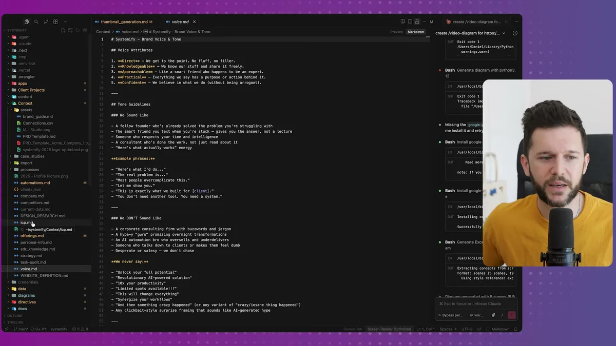Cloud Code context files open in the editor, showing voice.md with Brand Voice & Tone attributes Claude references when writing