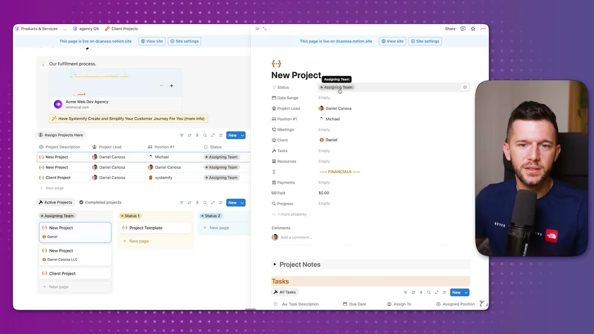 Client project detail page displaying project status, date range, project lead, team members, meetings, tasks, resources, financial information, and project notes section
