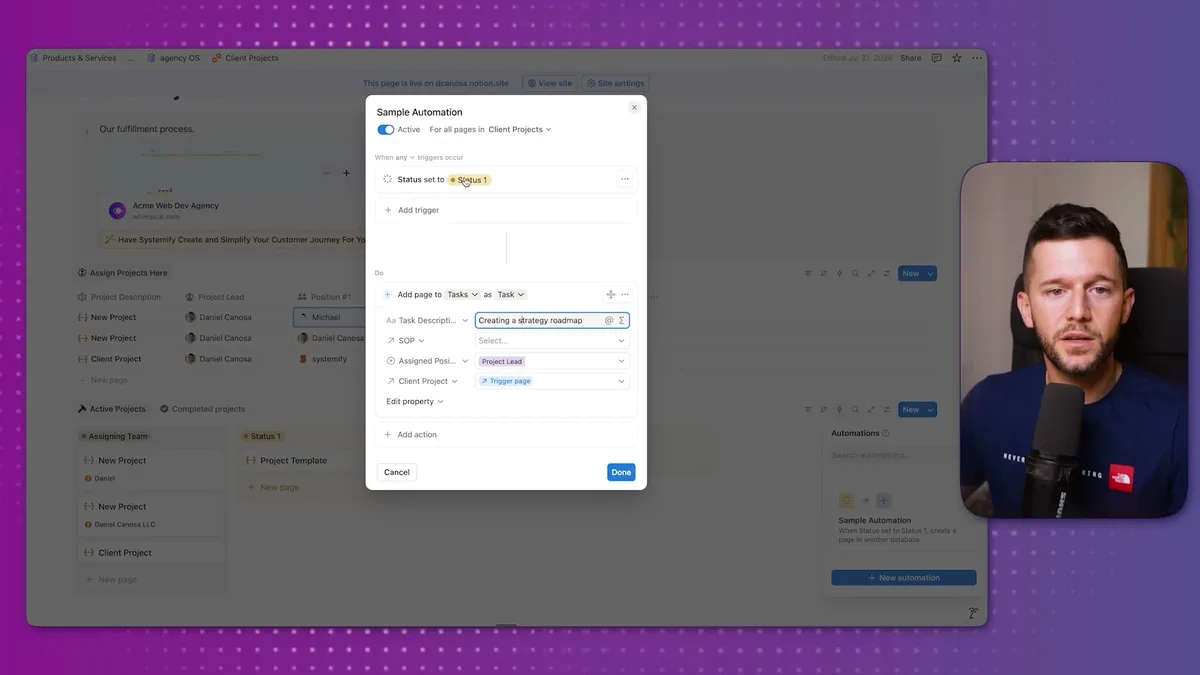 Sample Automation dialog showing task creation workflow triggered by Status set to 'Status 1', with task description, SOP linking, and assignment options configured