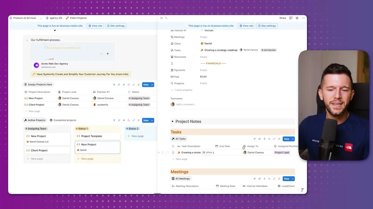 Project management dashboard displaying Tasks and Meetings sections with filtering options, task assignments, due dates, and meeting details