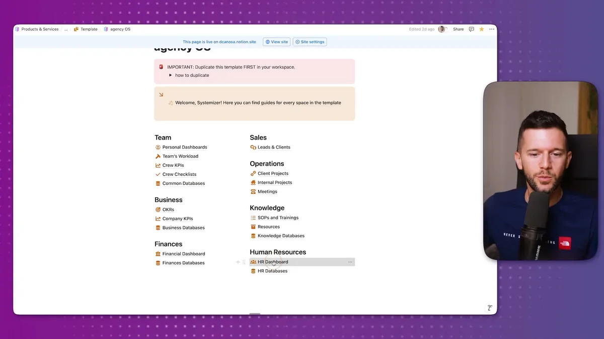 Agency OS template dashboard showing Human Resources section with HR Dashboard and HR Databases for managing hiring workflows and candidate tracking