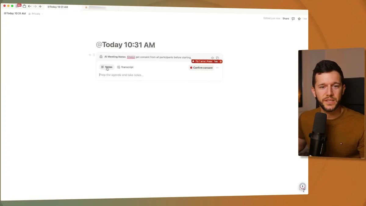 AI Meeting Notes block with Notes and Transcript tabs visible, showing the consent banner and note-taking interface
