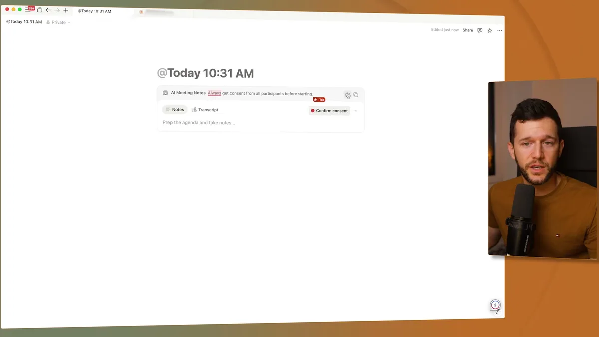 AI Meeting Notes consent confirmation screen showing the 'Confirm consent' button before recording and live transcription begins