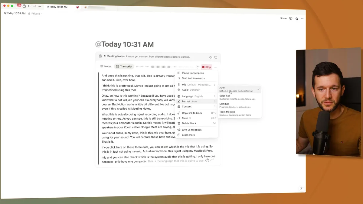 AI Meeting Notes summary displayed in Notion with editable transcript text, showing how users can customize the auto-generated content with options like 'Stop and summarize', format, language, and consent settings