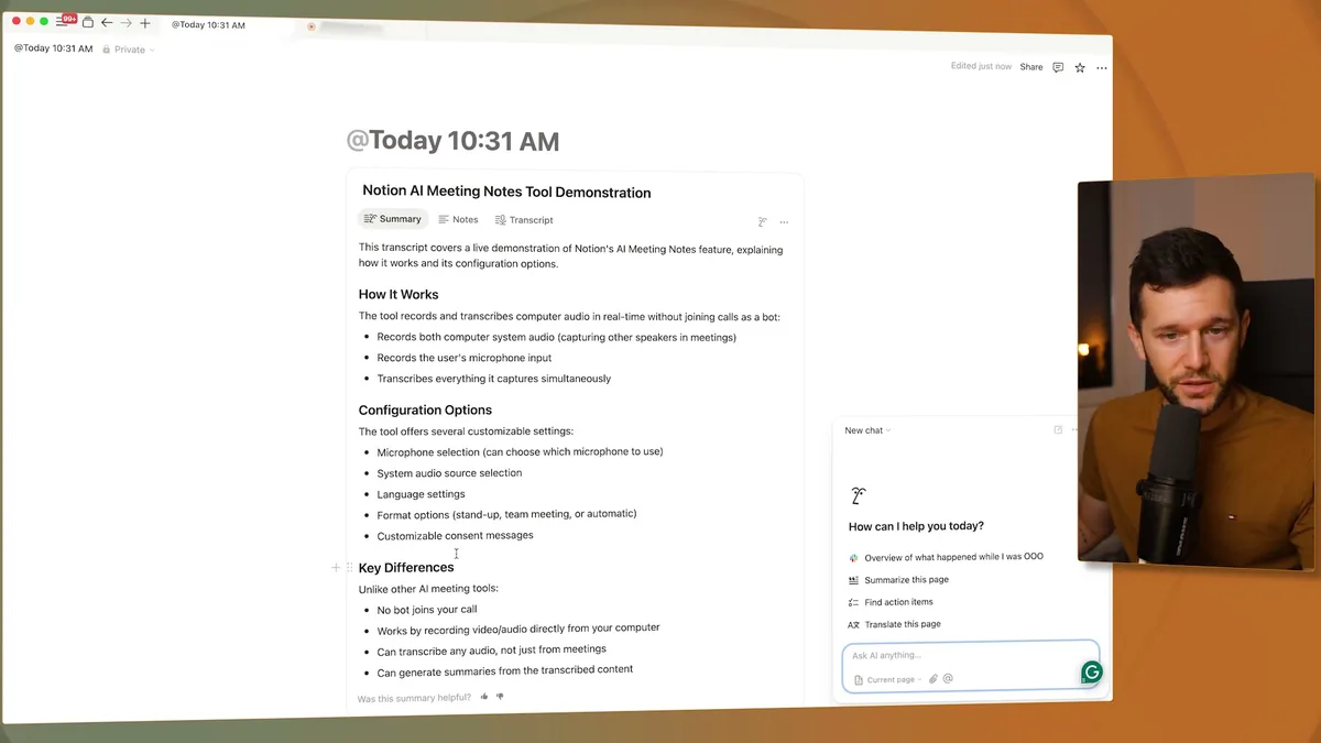 Notion's Ask AI panel with quick action options including 'Summarize this page', 'Find action items', and 'Translate this page', plus an input field to ask custom questions about meeting transcripts