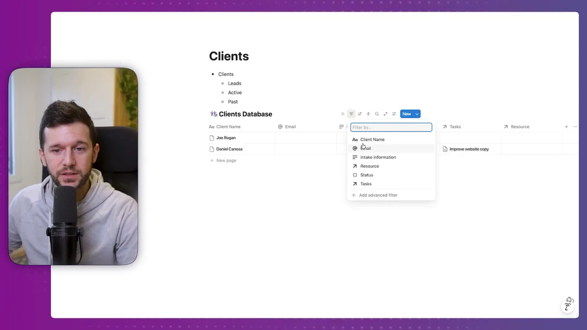 Opening the filter menu in a Notion database to set up filtered views by status and other properties