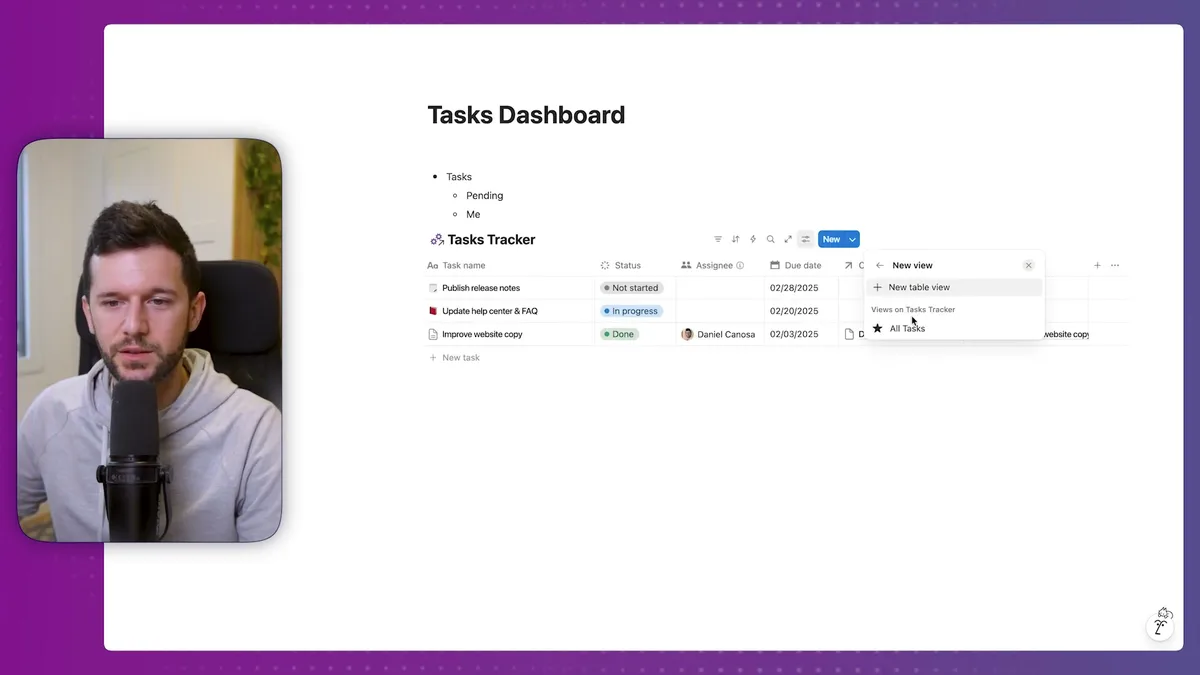 Tasks Tracker database view showing linked task records with status, assignee, and due date columns