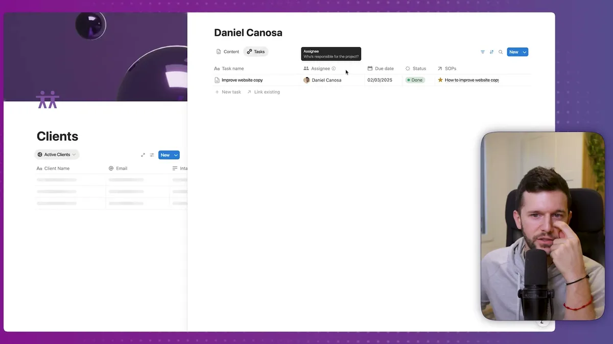 Client record view showing Daniel Canosa with Tasks tab displaying filtered tasks including 'Improve website copy' with assignee, due date, status, and related resources