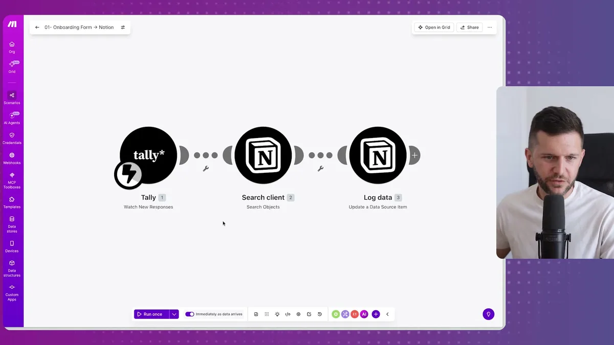 Make.com scenario workflow showing three-step automation: Tally webhook trigger connected to Notion search and data logging steps