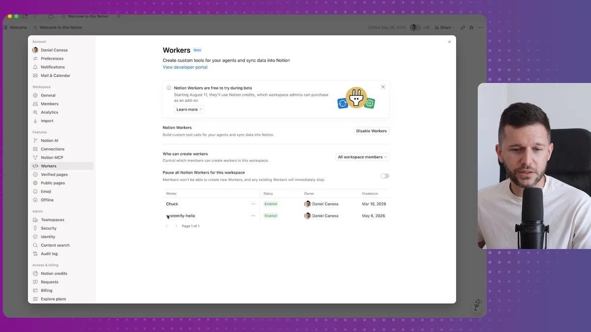 Notion Workers panel in settings showing the workers management interface with existing workers list, creation options, and workspace member permissions control