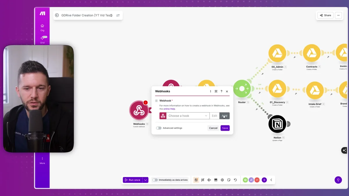 Make.com webhook configuration dialog with the full automation workflow visible in the background